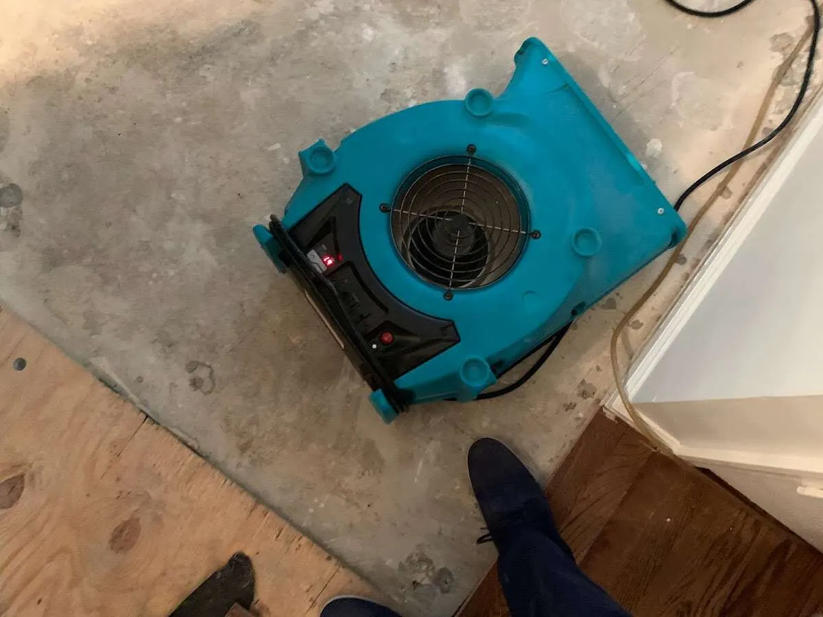Air mover drying subfloor during Leak Detection & Repair in Sergeant Bluff